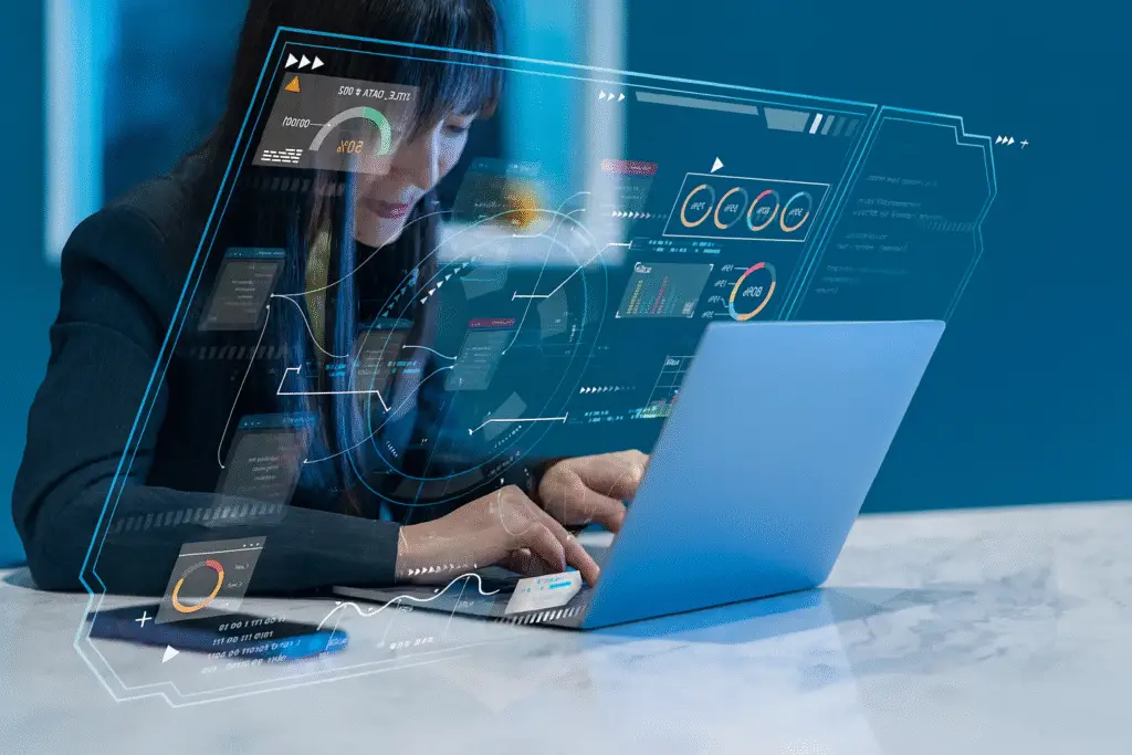 Business professional using laptop with AI process mining data visualizations overlayed.