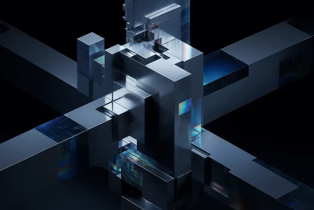 Futuristic abstract digital structure representing AI banking controls and governance.