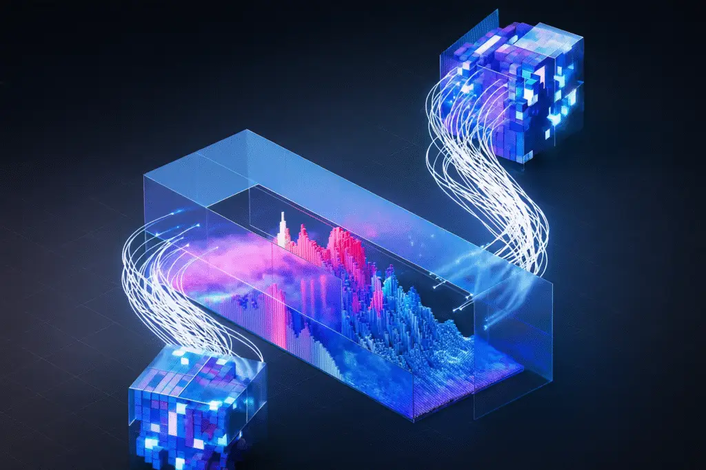 3D data visualization of algorithmic attribution modeling with glowing digital cubes and flowing connections
