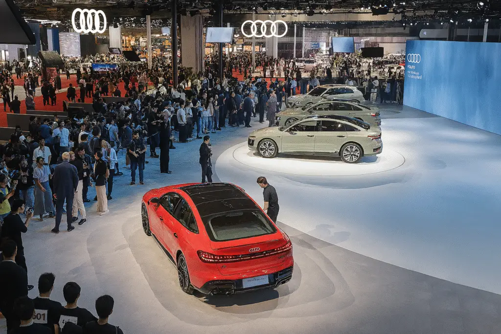 Audi cars showcased at auto show with large crowd and displays
