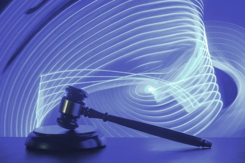 Judge’s gavel with abstract digital AI background representing law firm growth