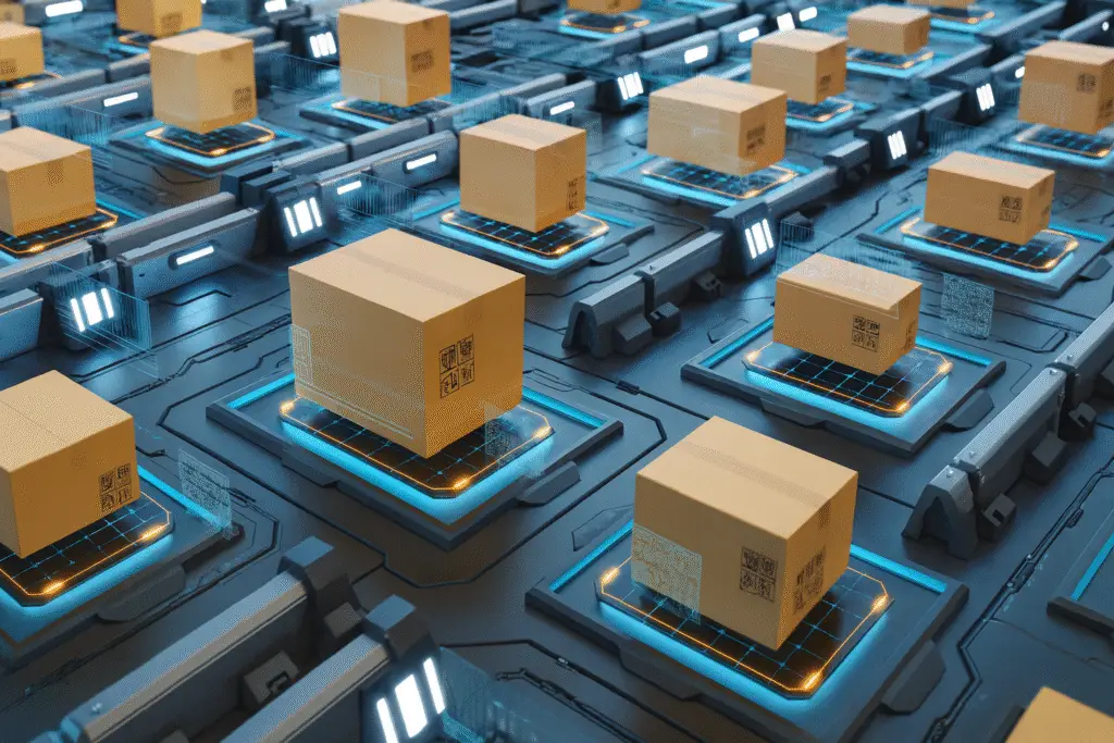 Cardboard boxes on a digital conveyor system representing real-time inventory management with AI.