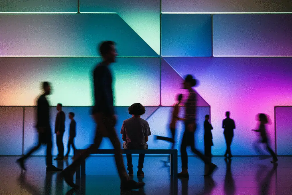 Person sitting on a bench in front of a colorful digital wall with blurred people walking, symbolizing intelligent experience.