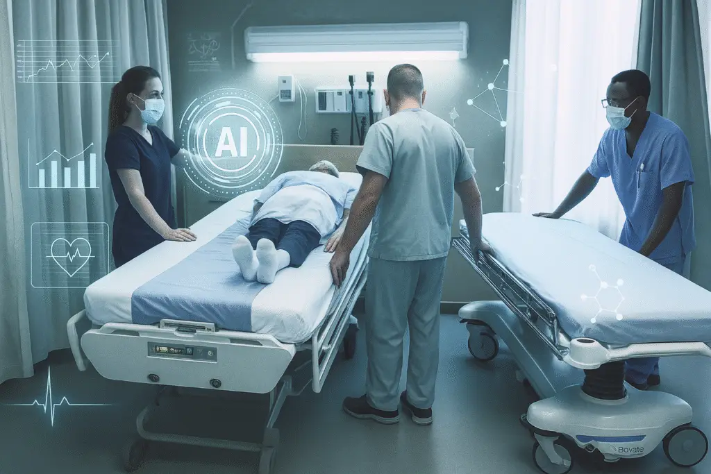 Medical staff using AI technology to manage patient care pathways in a hospital bed transition.
