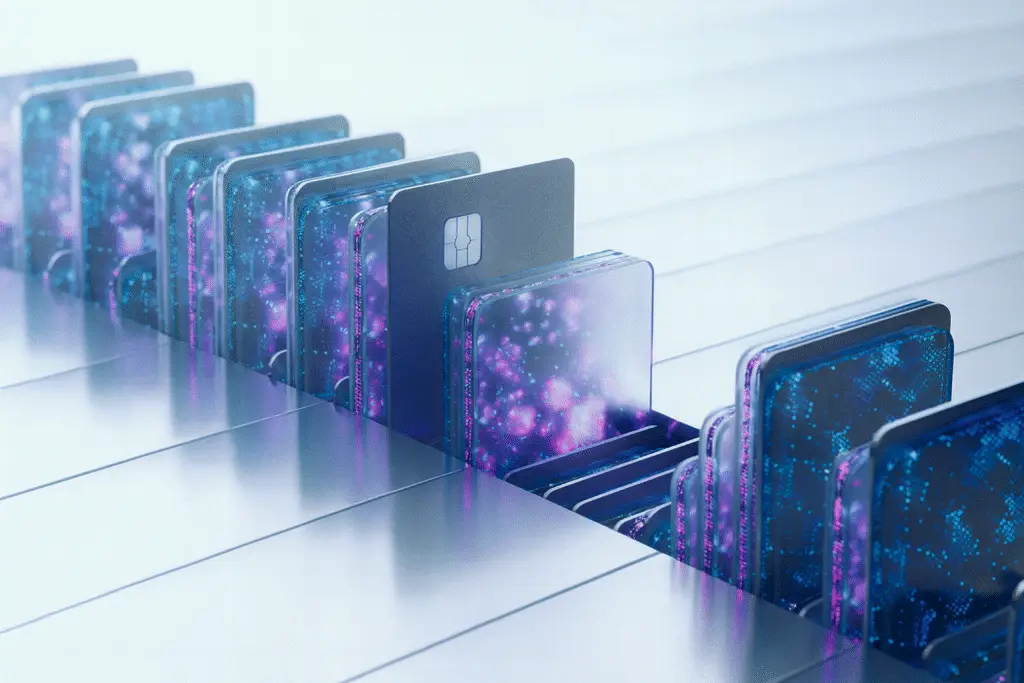 Digital credit cards representing AI transformation in banking