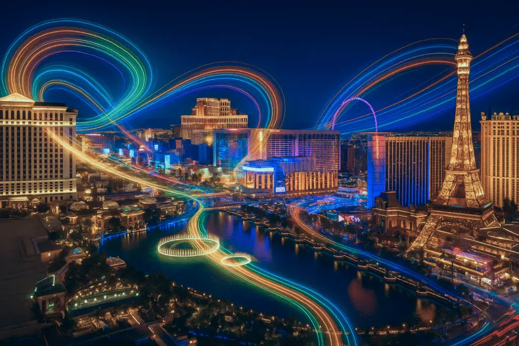 Las Vegas Strip at night with casinos, neon lights, and AI-inspired light trails representing digital hospitality