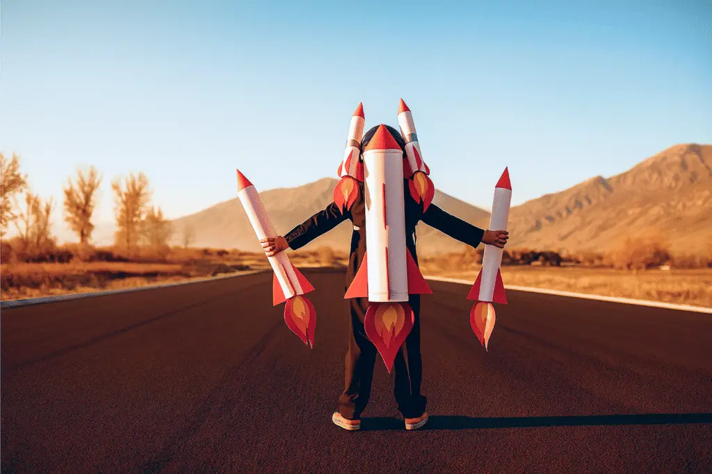 Child wearing rocket costume representing AI product launches innovation
