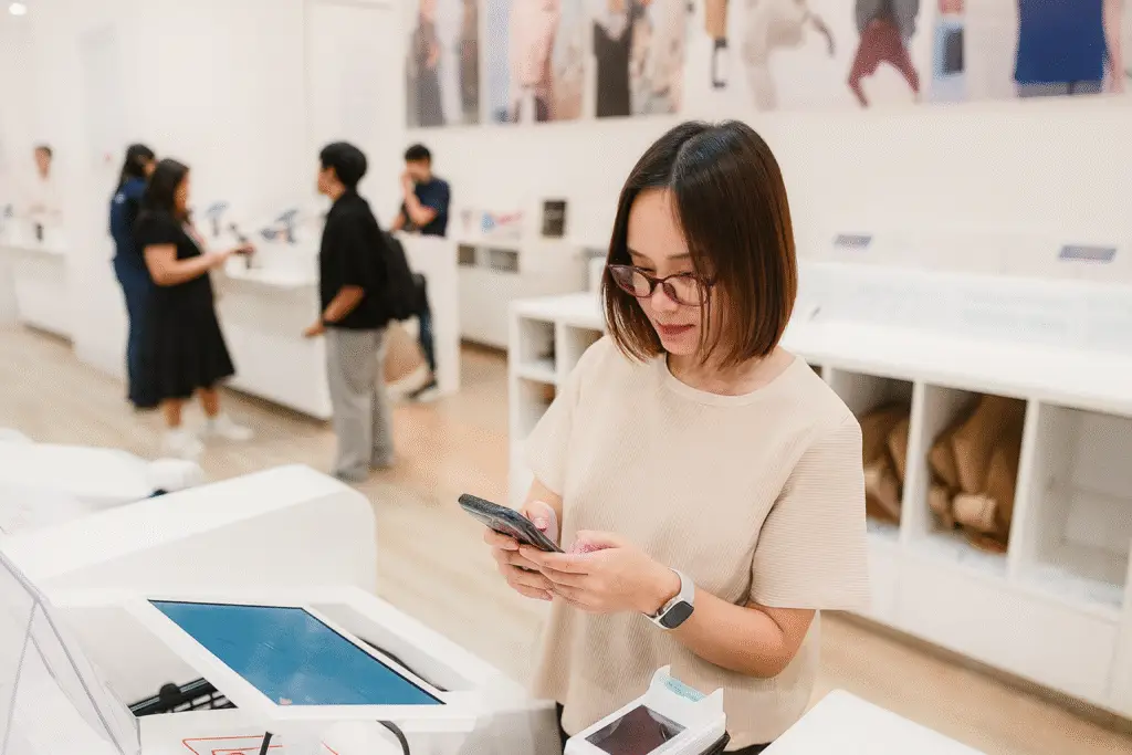 Woman using smartphone at retail sales counter with AI training system.