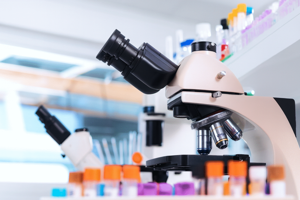 Microscope in a biopharma lab with test tubes, symbolizing AI-powered biopharma intelligence