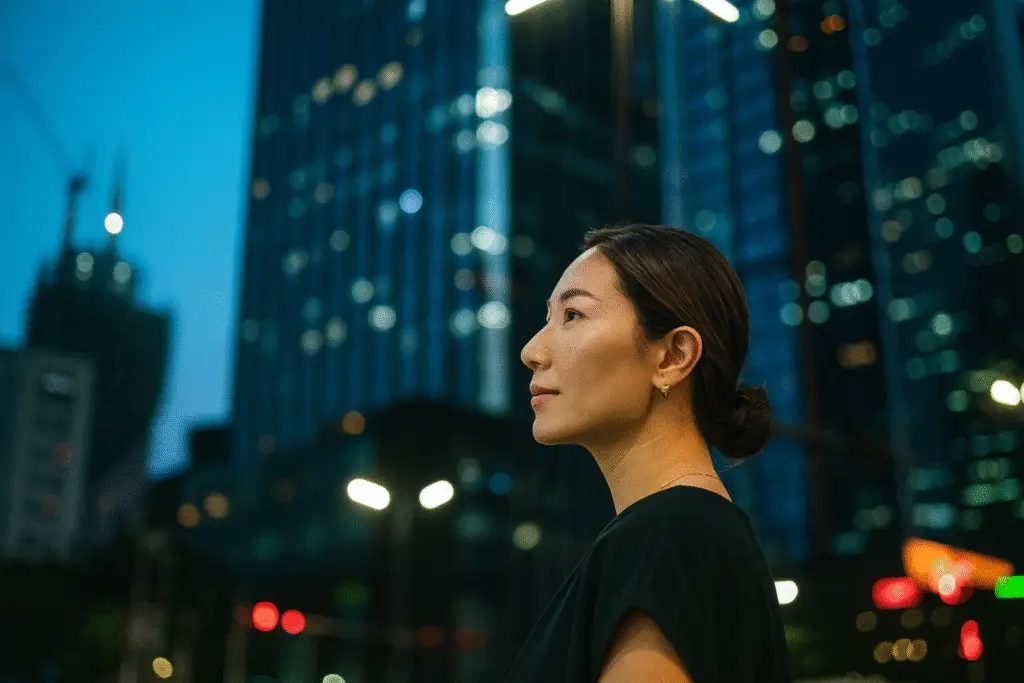 Businesswoman looking ahead in city skyline representing operational AI in private equity