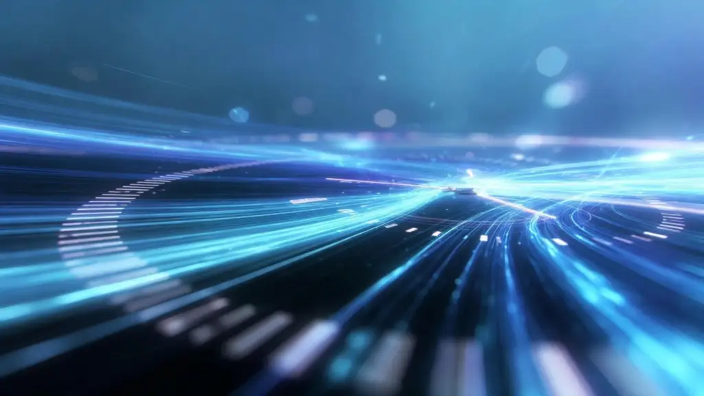 Flowing blue energy lines converging forward, symbolizing decision velocity and transformation in a tech-forward style.